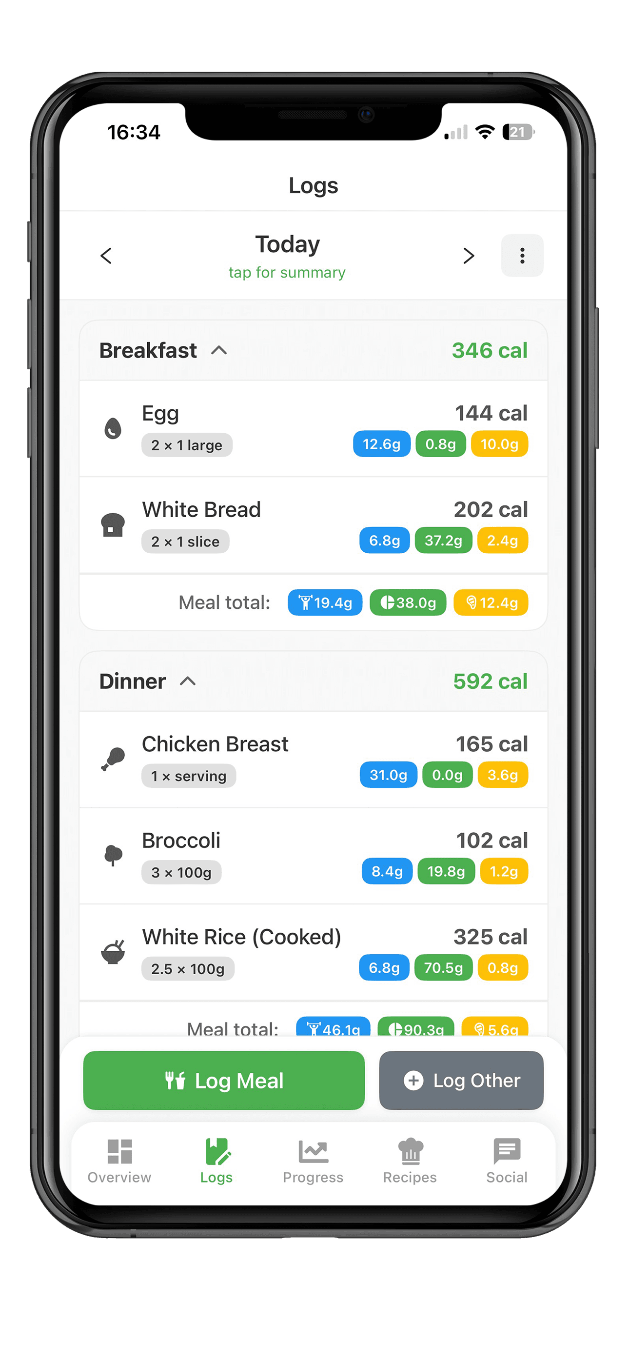 ChowTracker meal logs screen