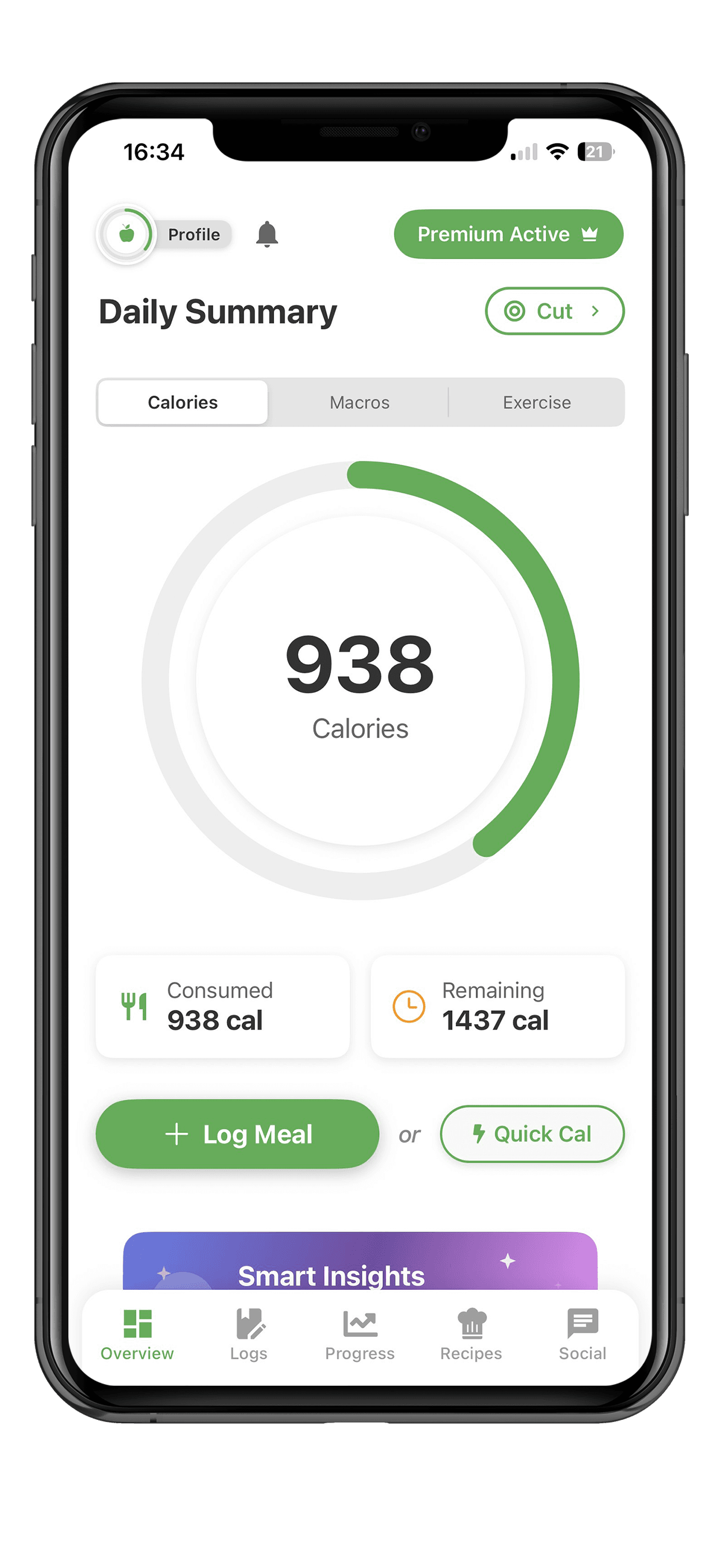 ChowTracker app showing daily nutrition tracking